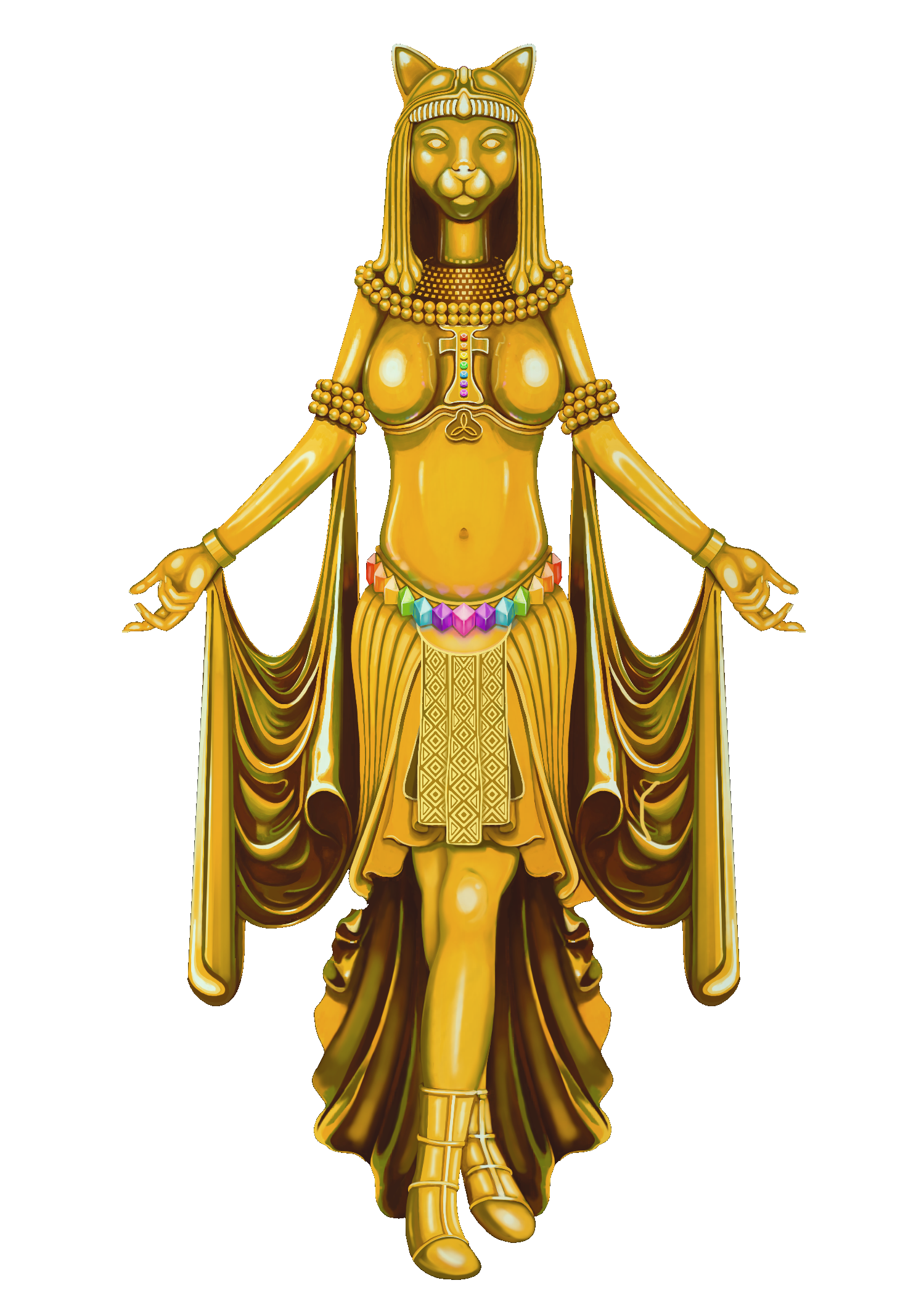 Goddess Cat — highly detailed golden Egyptian cat deity character design by Josh Brandon